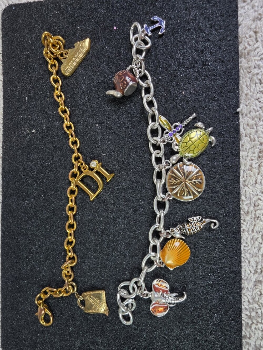 Two Charm Bracelets - Gold Logo & Silver Beach Charms